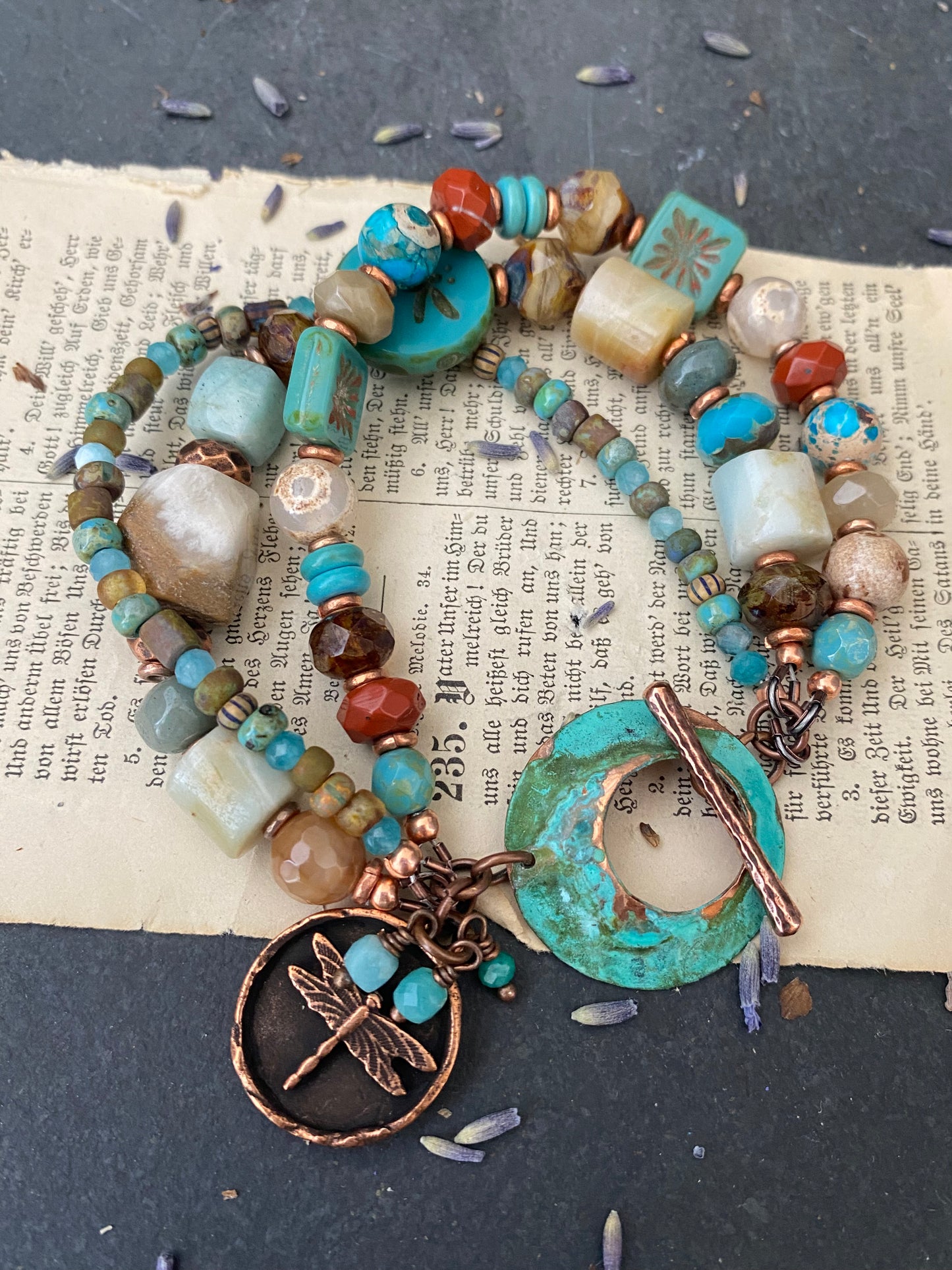 Agate stone, turquoise, czech glass, Amazonite, multi strand, copper metal, bracelet.