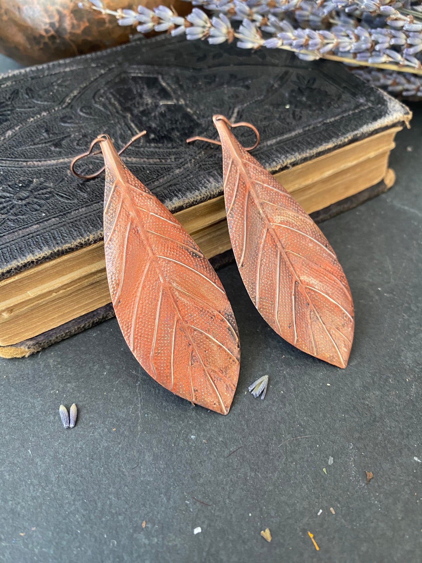Orange and Copper leaves, boho, long drop, copper earrings