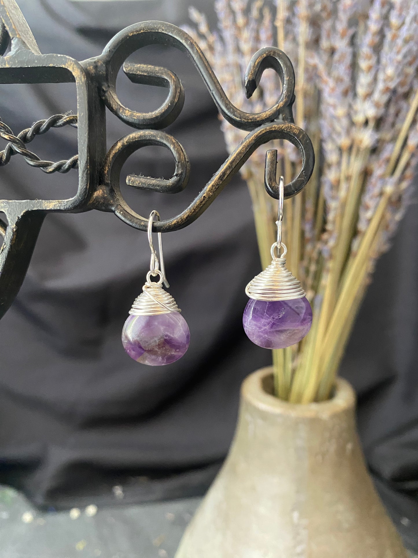 Amethyst pear shape stone drops, sterling silver metal earrings, jewelry.