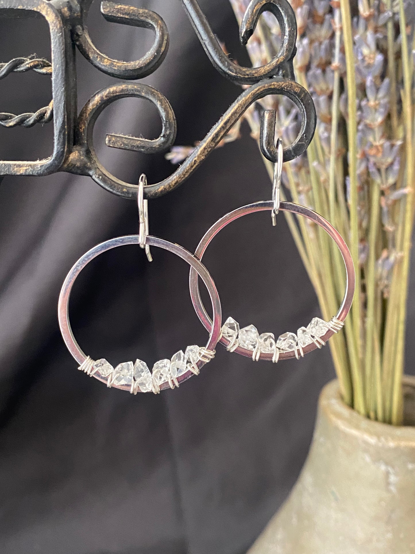 Herkimer diamonds, silver metal wire wrapped hoops, earrings