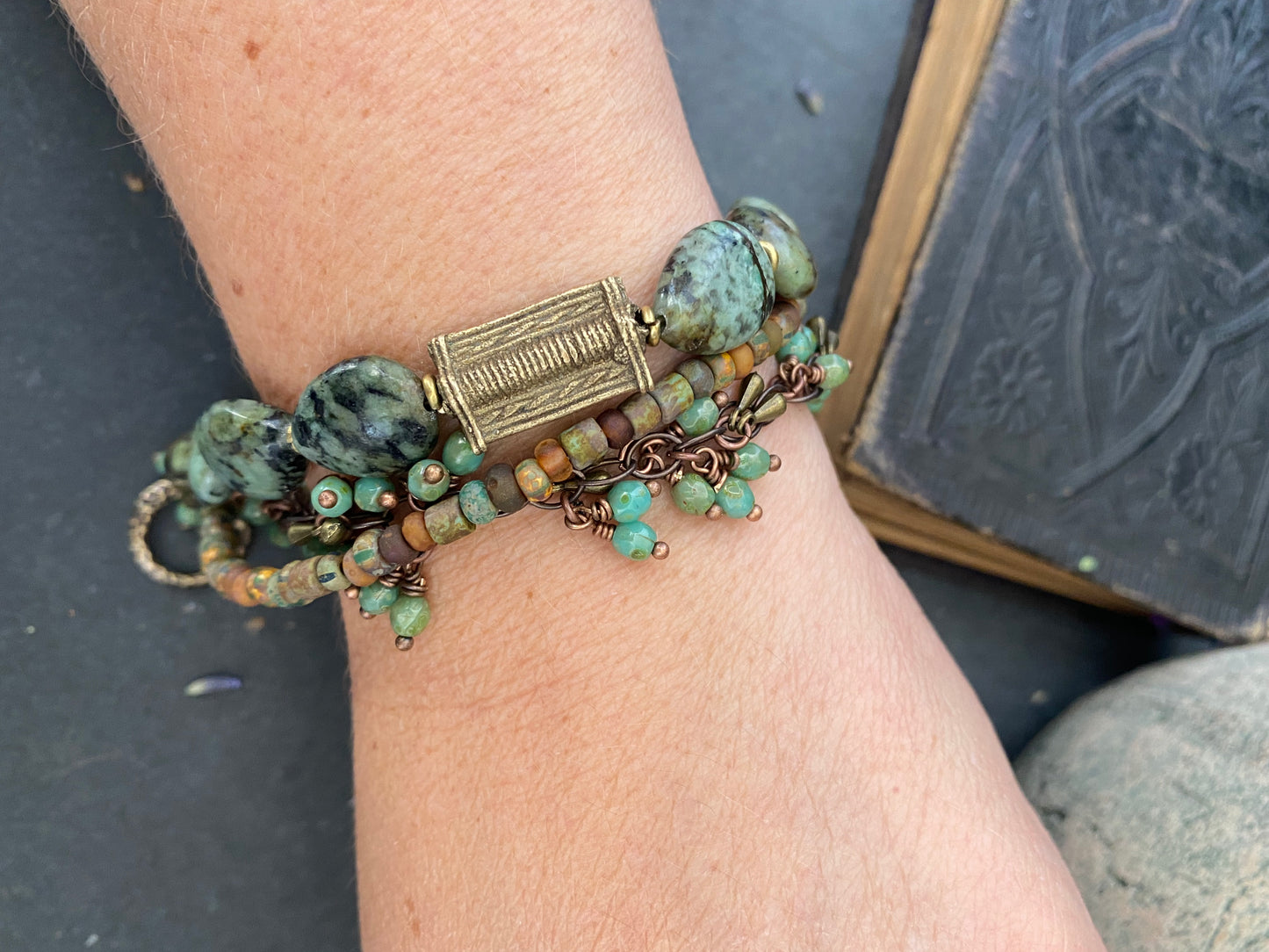 African turquoise stone, African brass, chain, Czech glass, multi strand, bracelet.