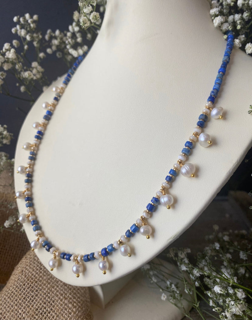Lapis lazuli stone, freshwater pearls, necklace, kit