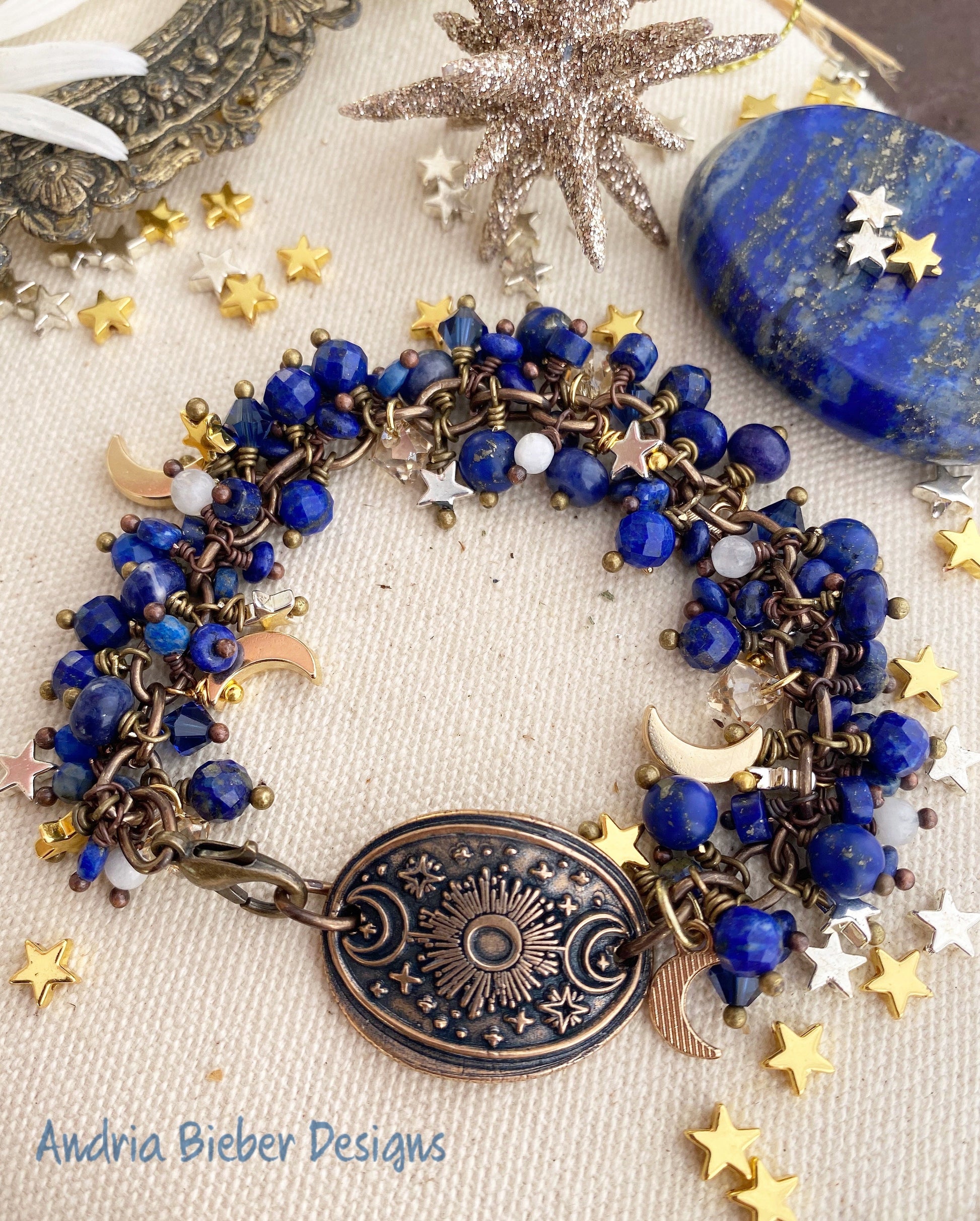 Moon and stars. Handmade bronze metal cuff, lapis lazuli stone, moon, star charms, Swarovski crystals, bracelet , jewelry - Andria Bieber Designs 