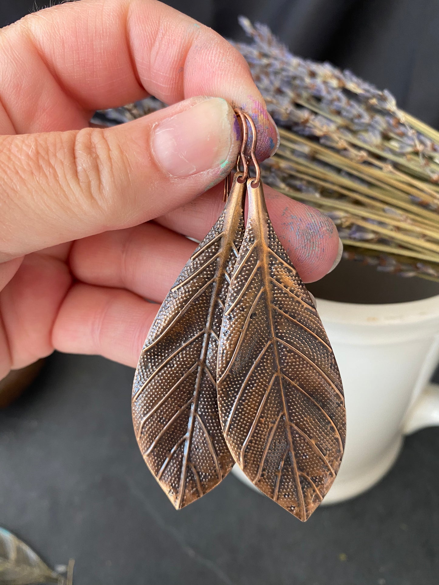 Copper leaves, boho, long drop, copper earrings