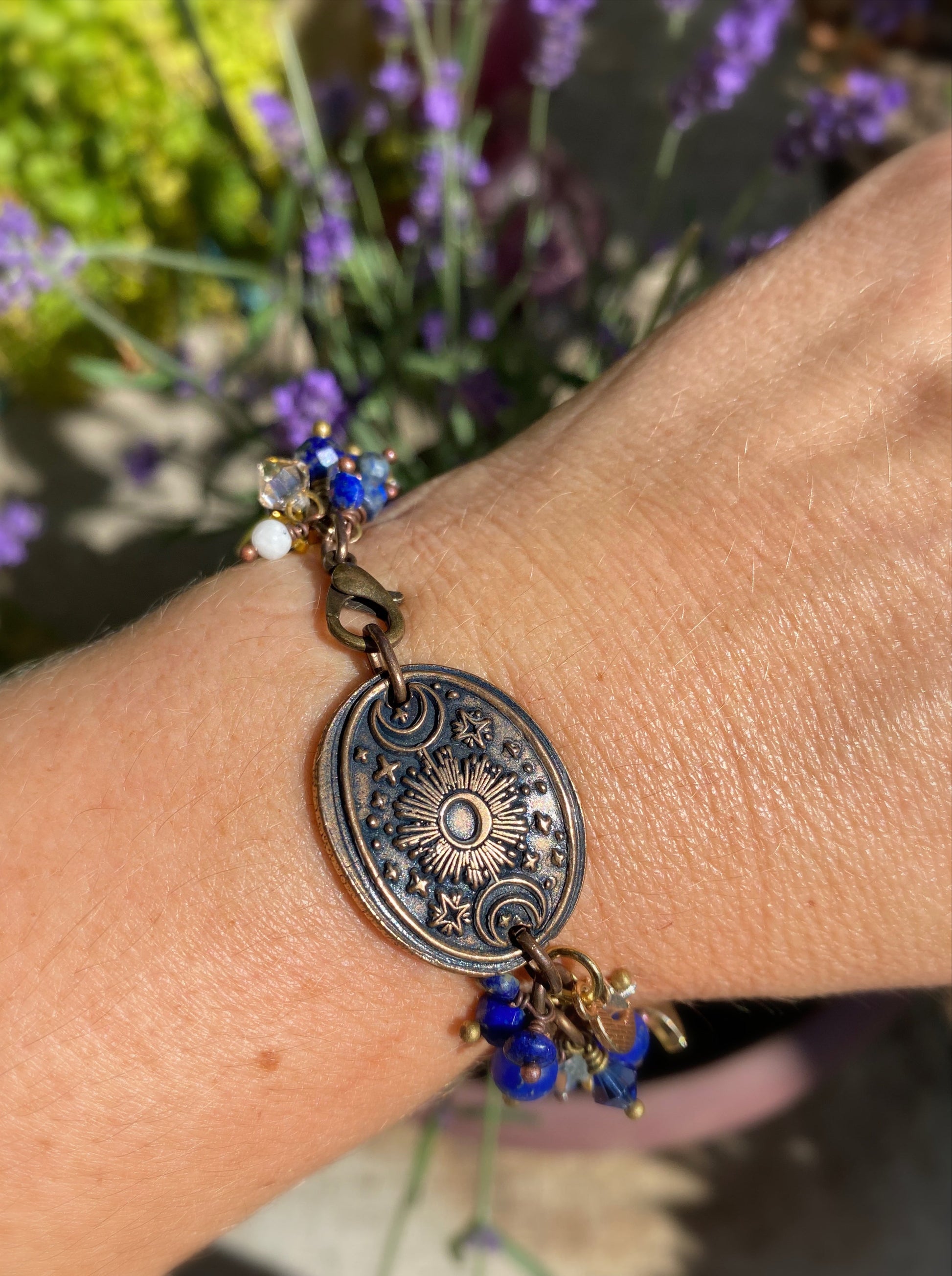 Moon and stars. Handmade bronze metal cuff, lapis lazuli stone, moon, star charms, Swarovski crystals, bracelet , jewelry - Andria Bieber Designs 