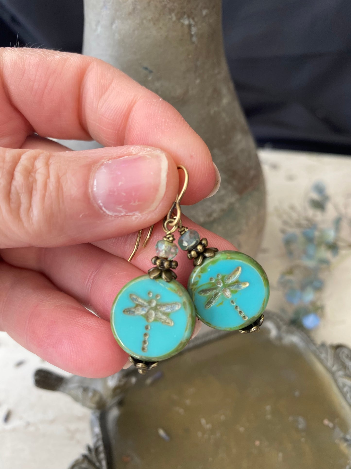 Dragonfly teal Czech glass, bronze metal, earrings.