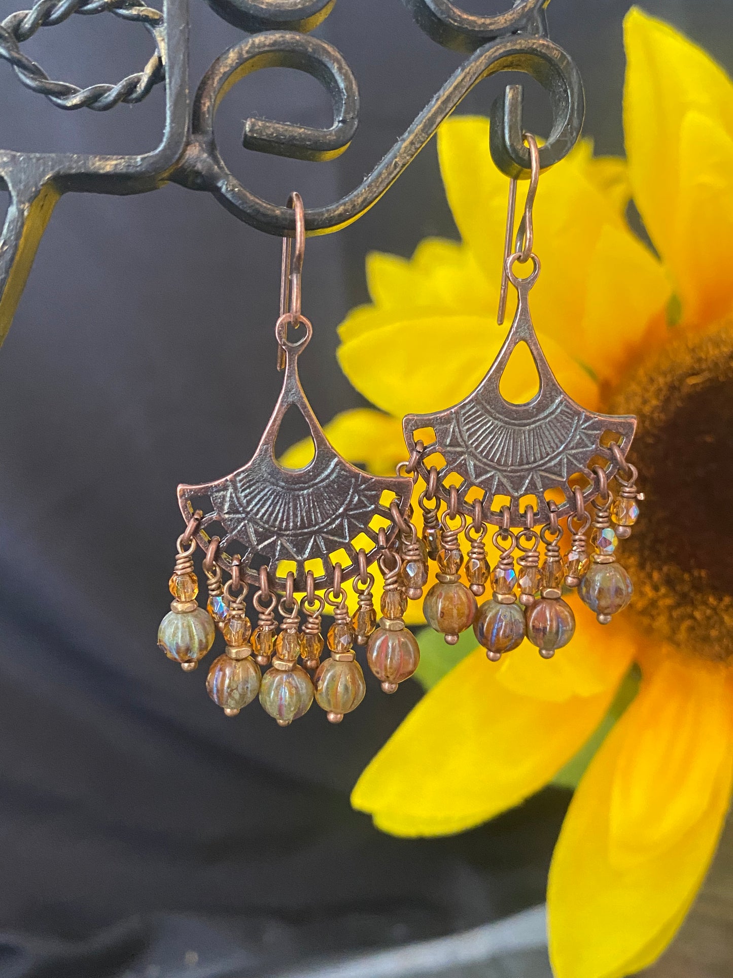 Copper fan charms, Czech glass, copper metal, earrings