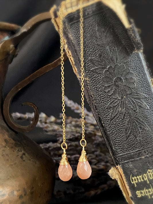 18k Gold Plated Stainless Steel, threaders, peach moonstone, earrings