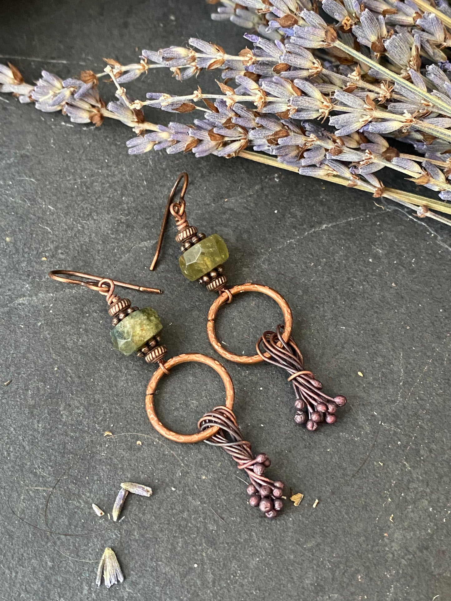Green garnet gemstone, hammered hoops, copper metal earrings