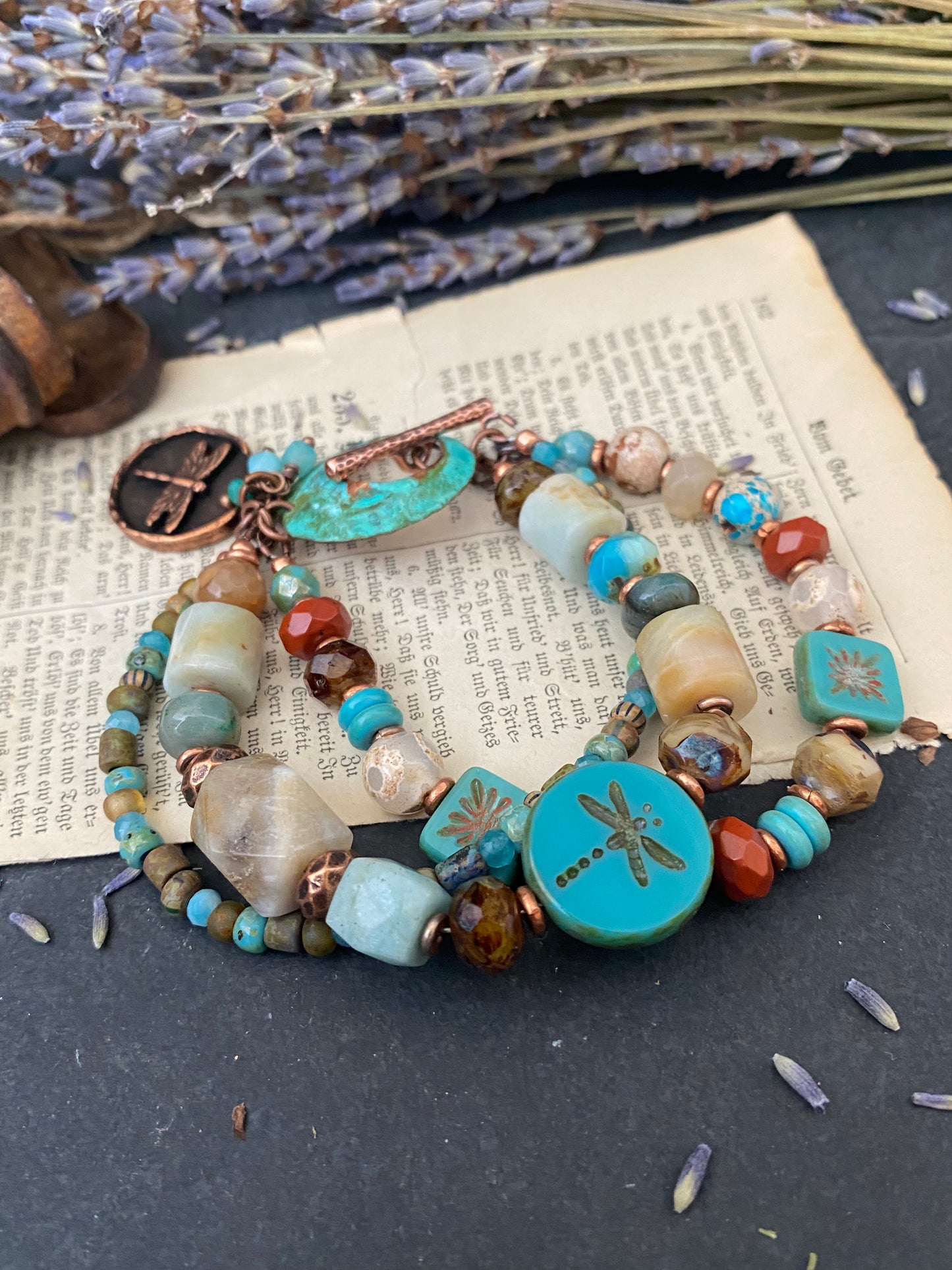Agate stone, turquoise, czech glass, Amazonite, multi strand, copper metal, bracelet.