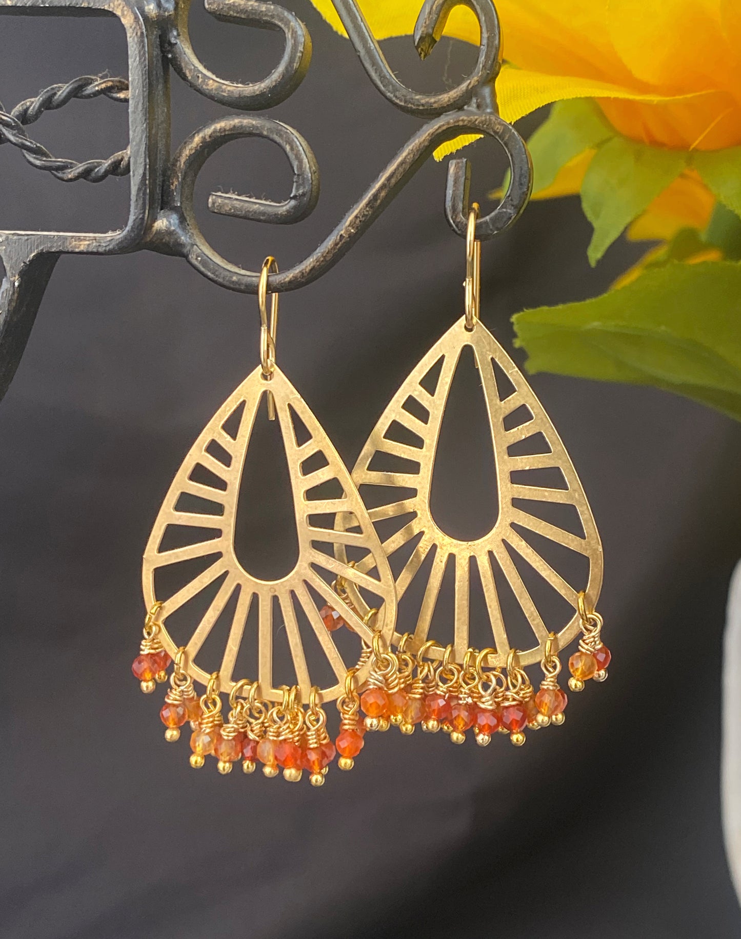 Orange Carnelian agate stone  and gold metal, earrings