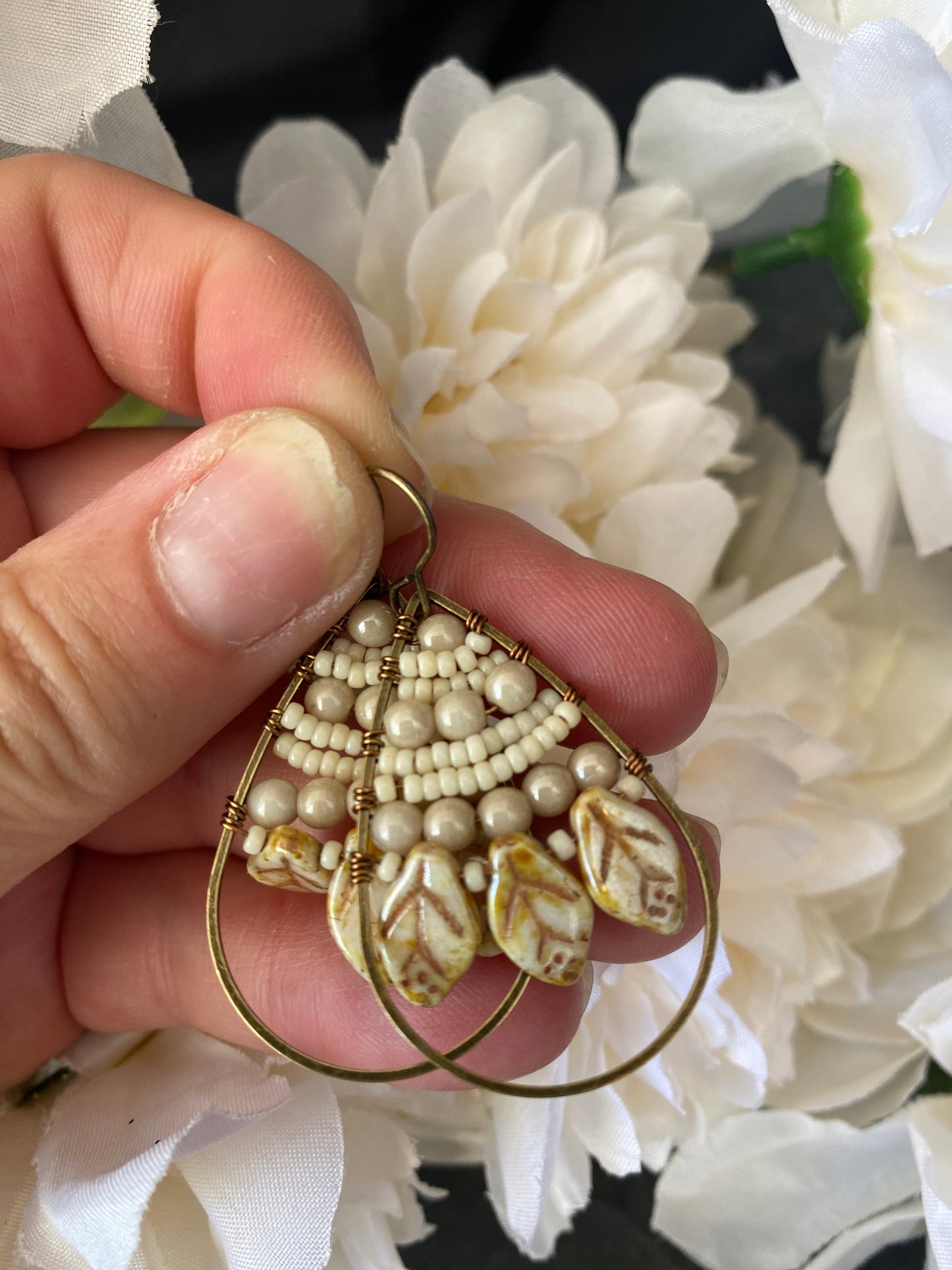 Cream Czech glass leaves, seed beads, hoop, wire wrapped, earrings