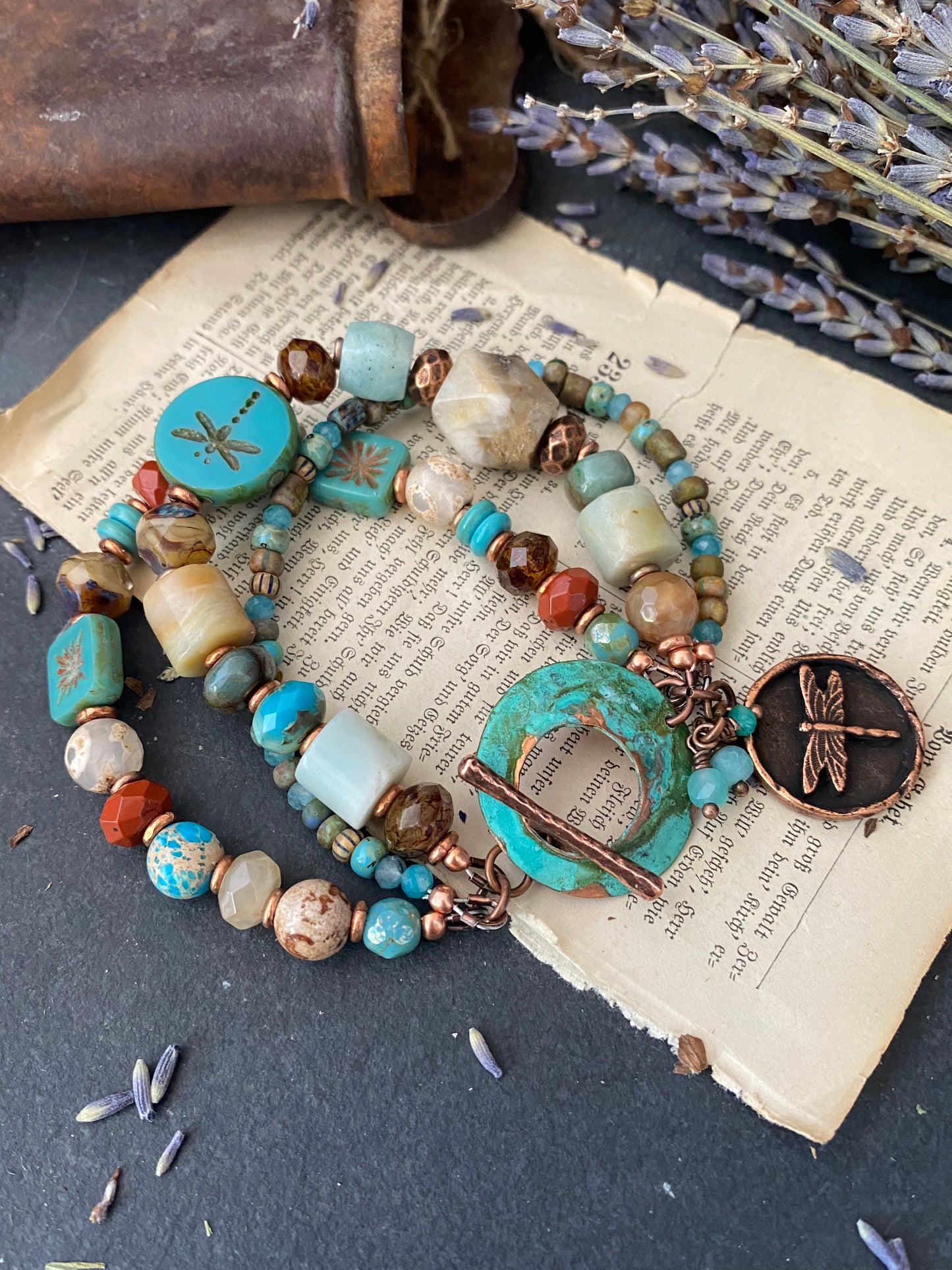 Agate stone, turquoise, czech glass, Amazonite, multi strand, copper metal, bracelet.