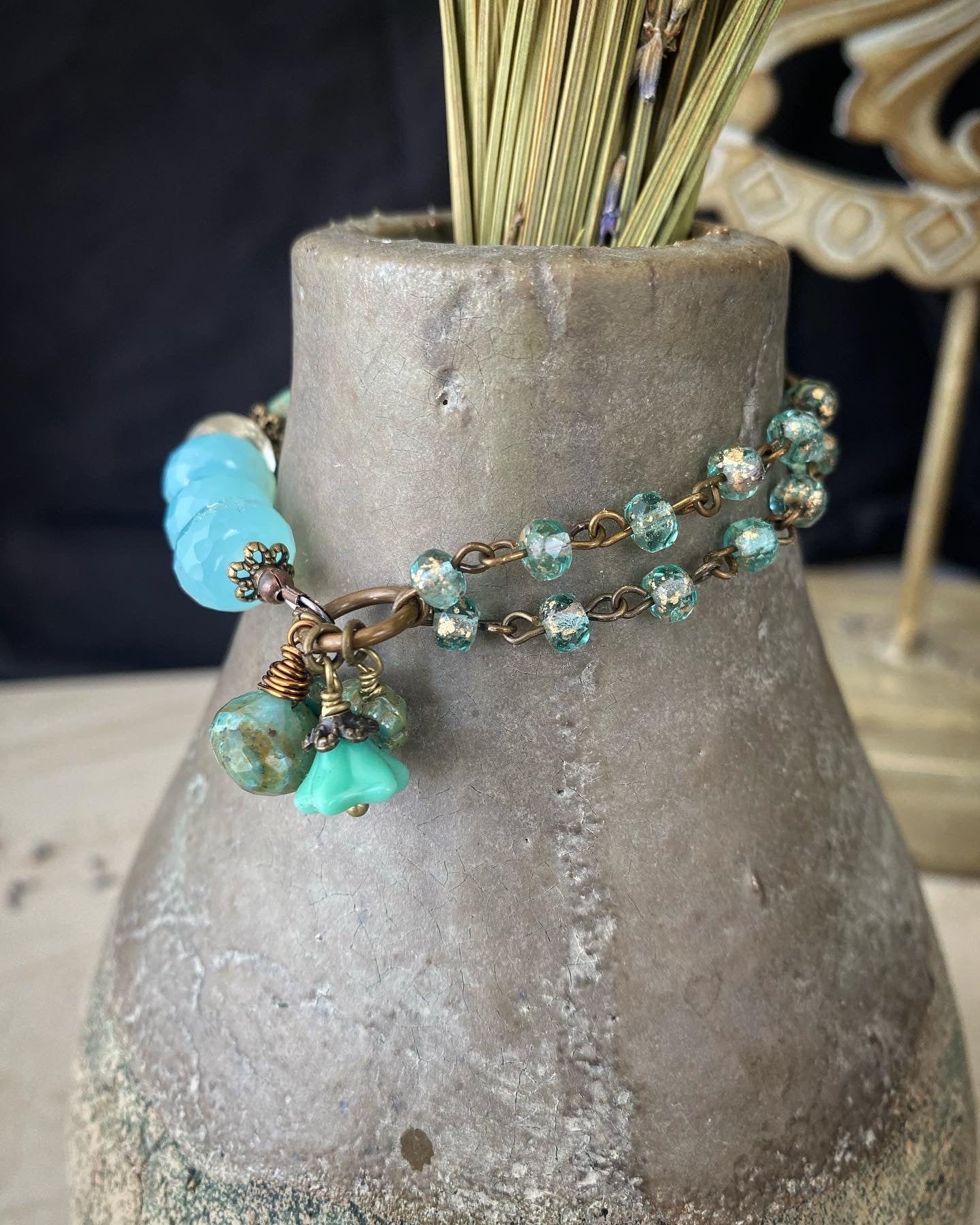 Teal flowers. Amazonite stone, Czech glass, bracelet, KIT