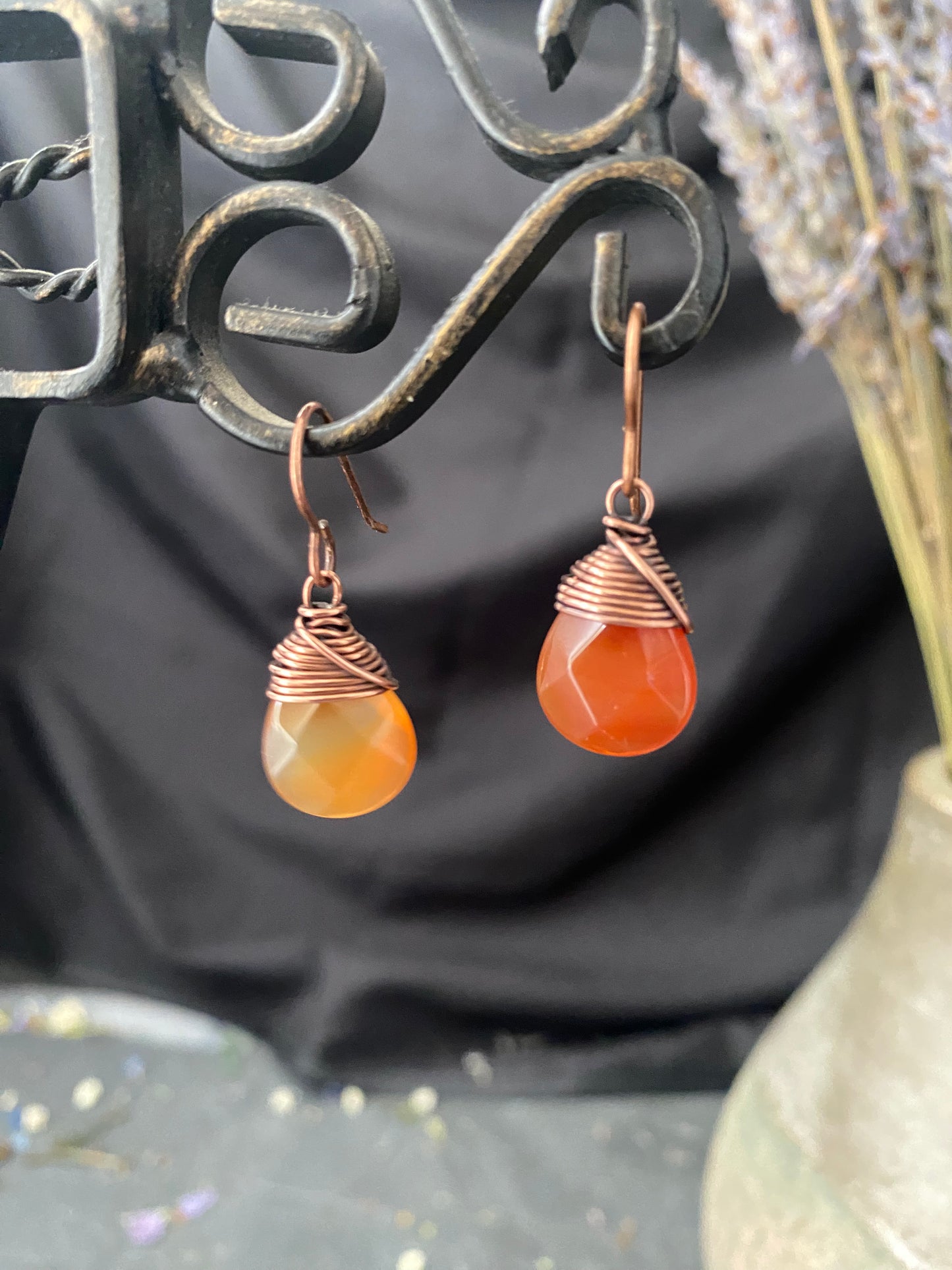 Orange carnelian agate stone drops, copper metal earrings, jewelry.