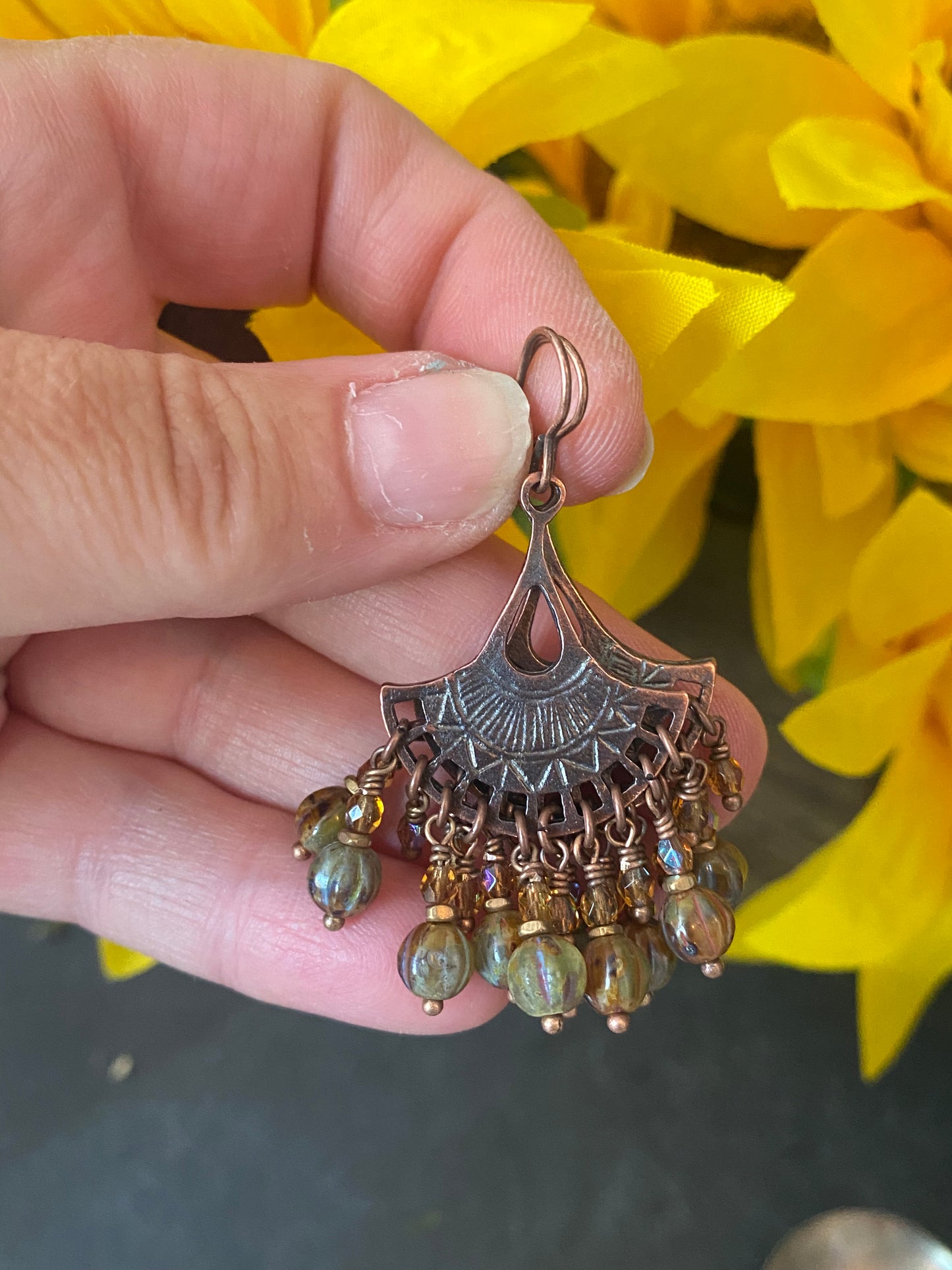 Copper fan charms, Czech glass, copper metal, earrings