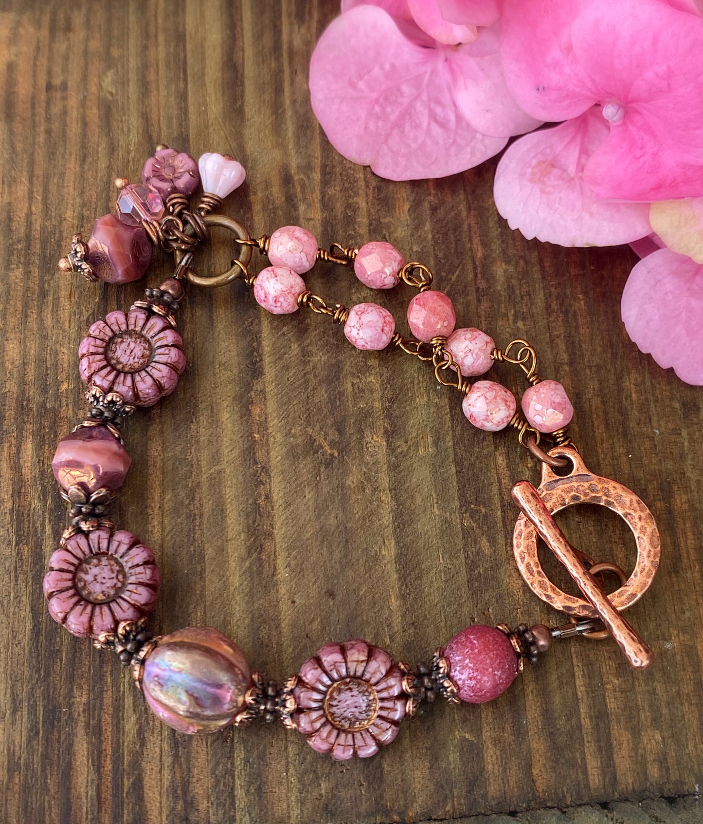 Pink flower Czech glass, copper metal, bracelet, jewelry