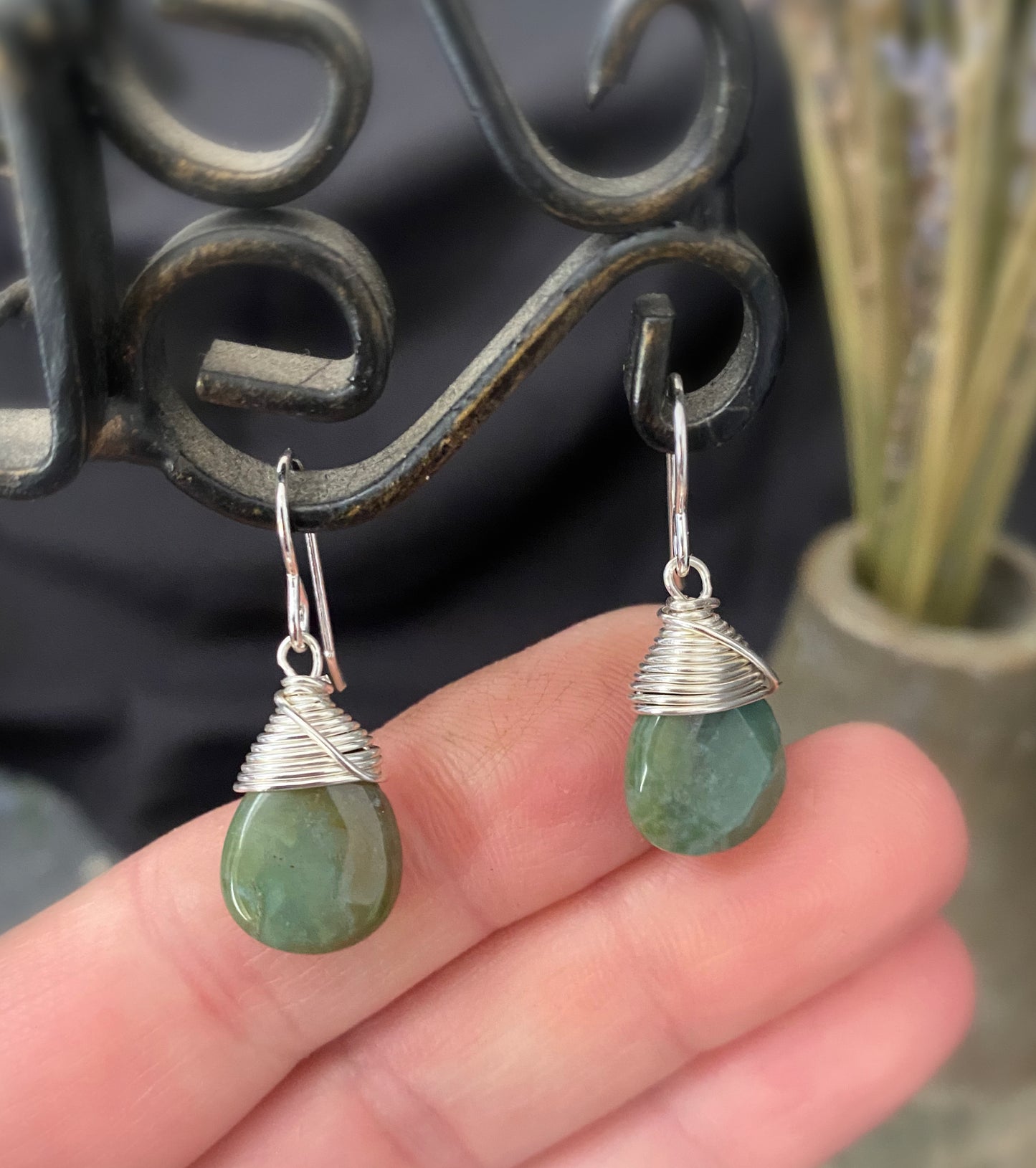 Green Jasper pear shape stone drops, sterling silver metal earrings, jewelry.