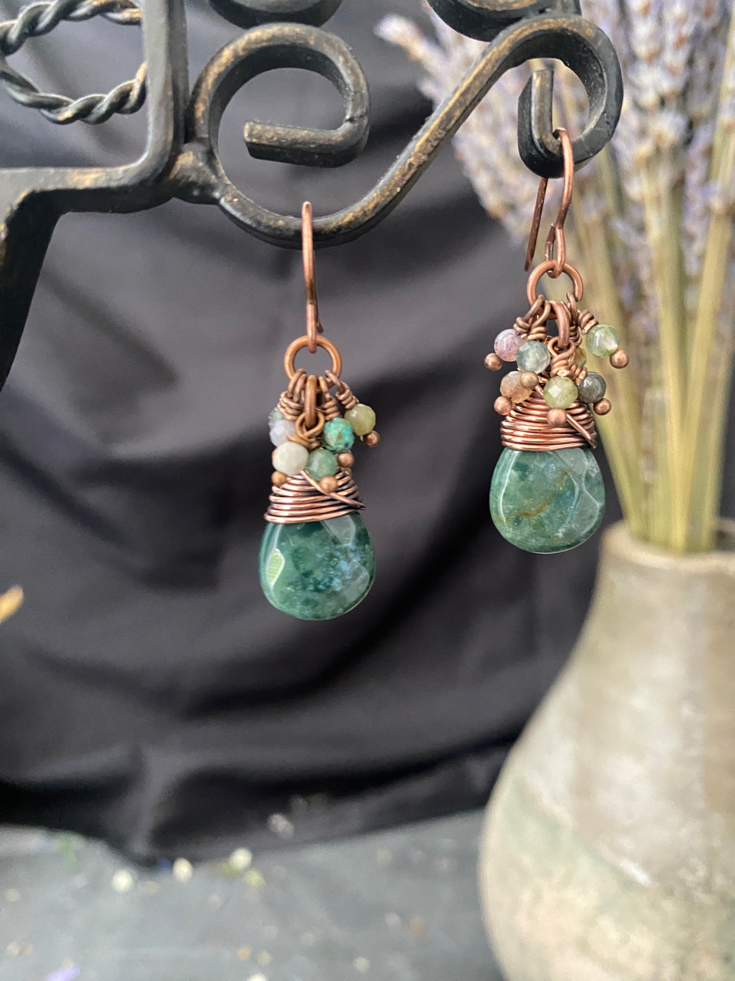 Green Jasper stone, dangles, copper metal, jewelry.