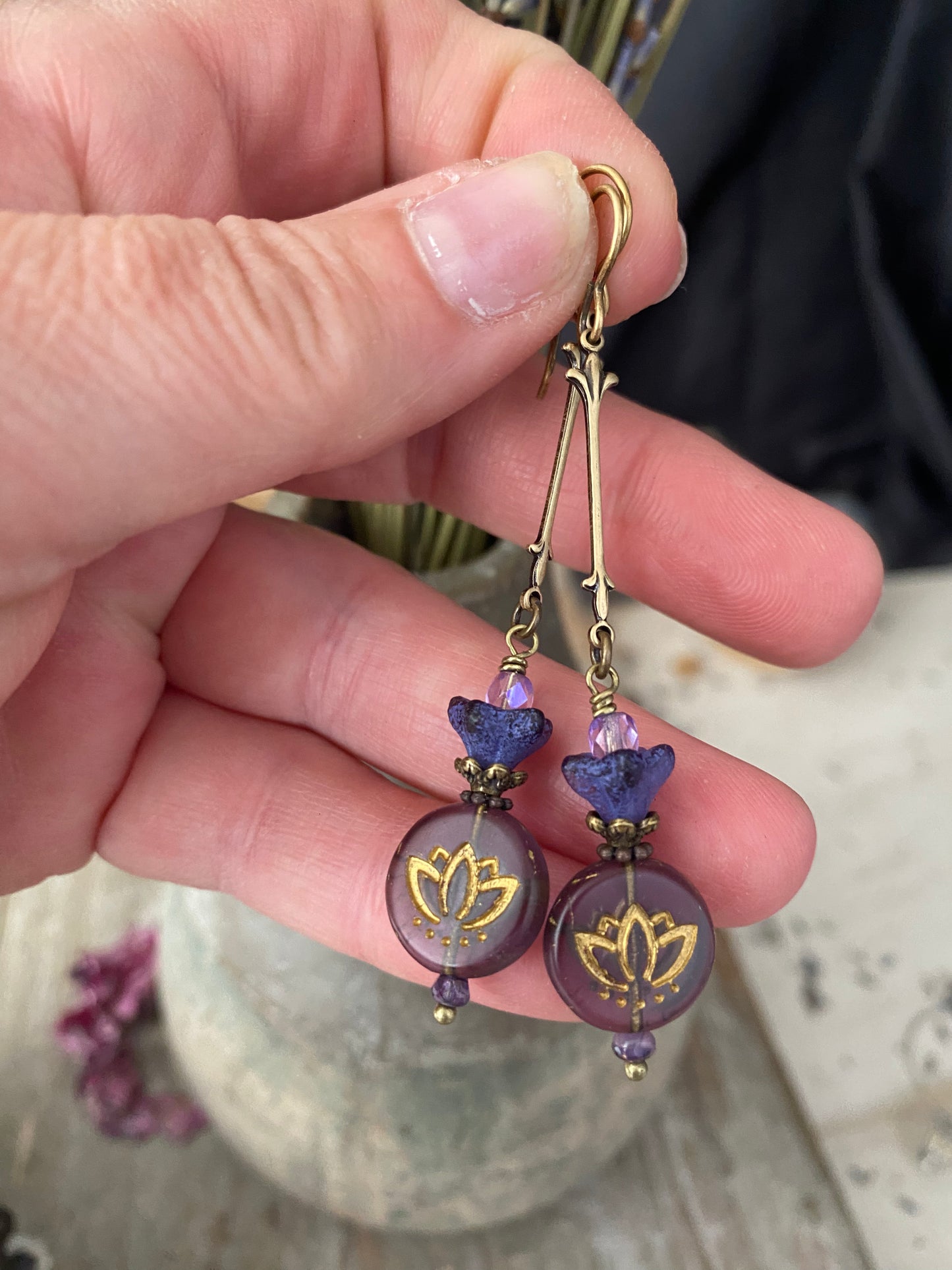 Purple lotus flower Czech glass, purple Czech glass, bronze metal, earrings