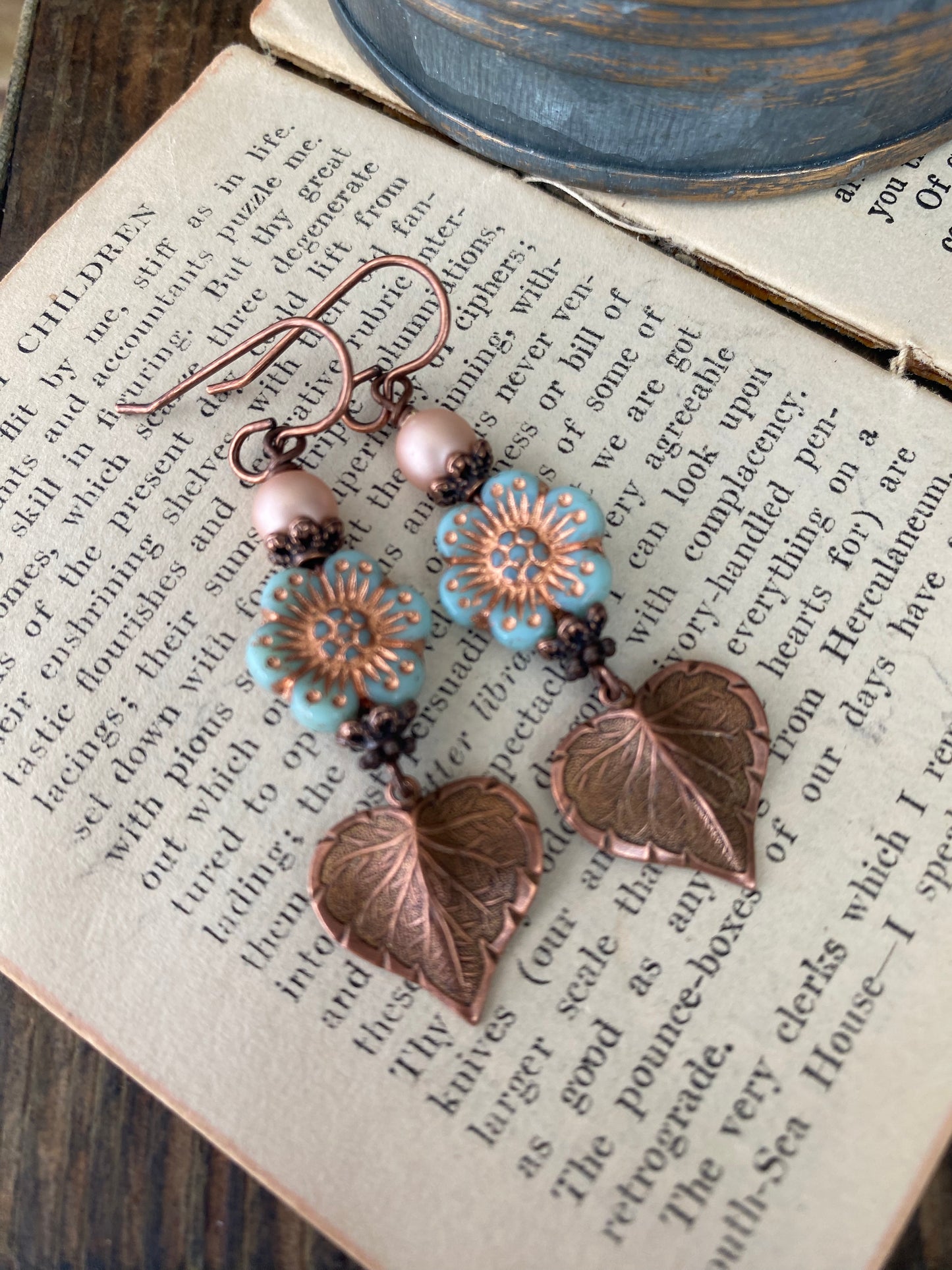 Flower blue Czech glass,  copper leaves, earrings, and copper metal earrings.