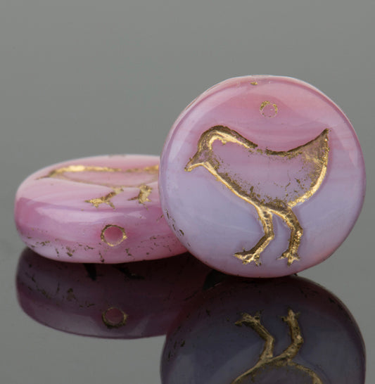 Coin with Bird (12mm) Pink and Lilac Opaline Mix with Gold Wash