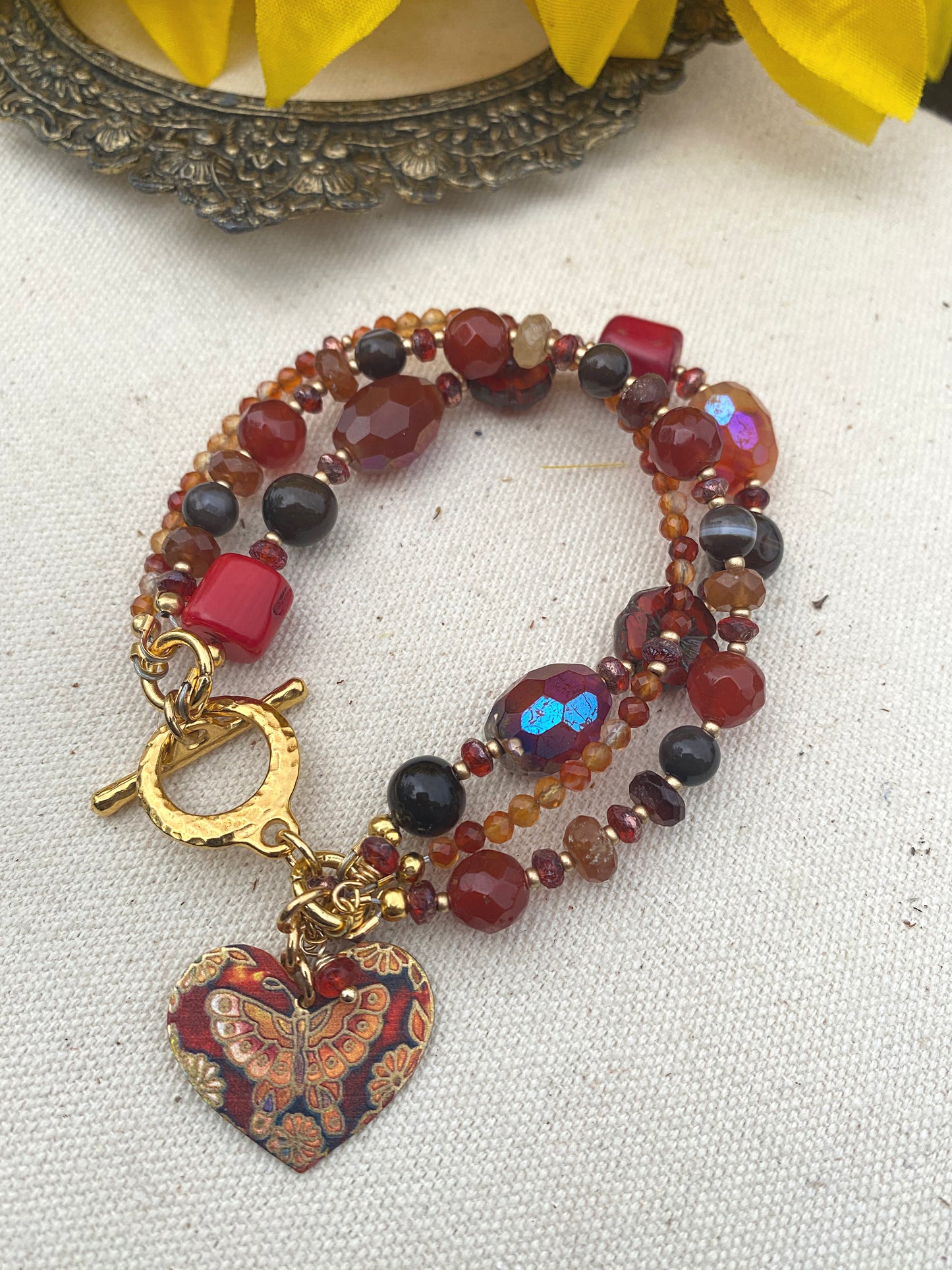 Carnelian, agate,  Czech glass, mixed stone, butterfly, gold metal, bracelet, jewelry