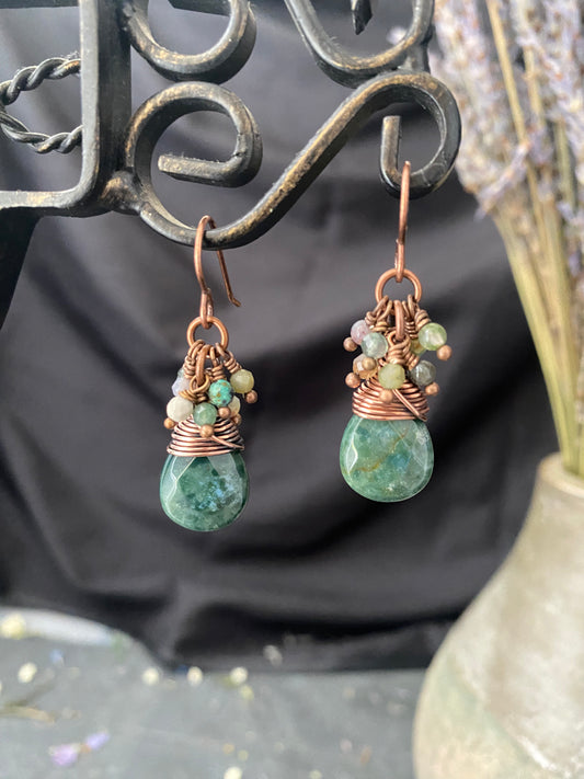 Green Jasper stone, dangles, copper metal, jewelry.