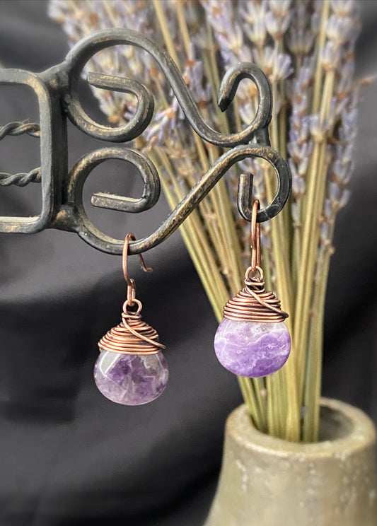 Amethyst gemstone drops, copper metal earrings, jewelry.