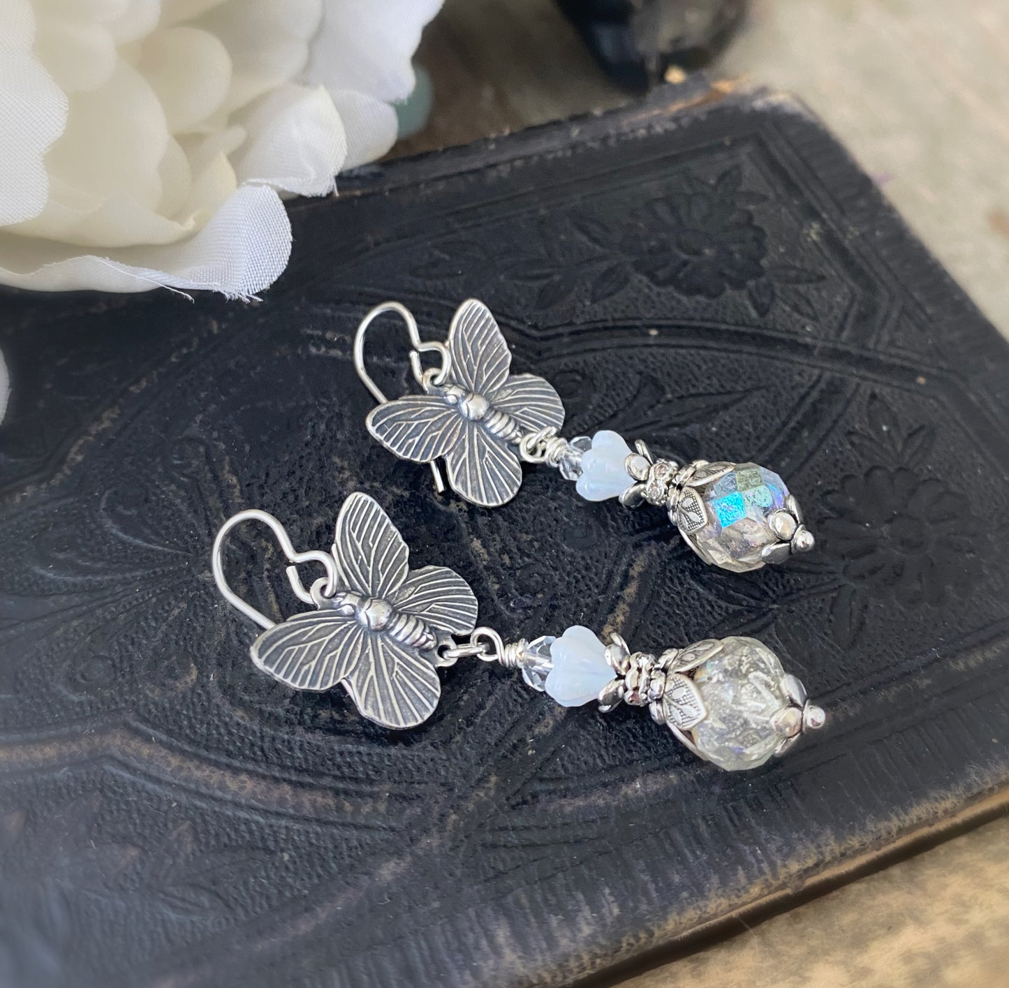 Silver butterfly charms, ab shiny Czech glass, Flower white czech glass, flower bead caps, silver metal, earrings