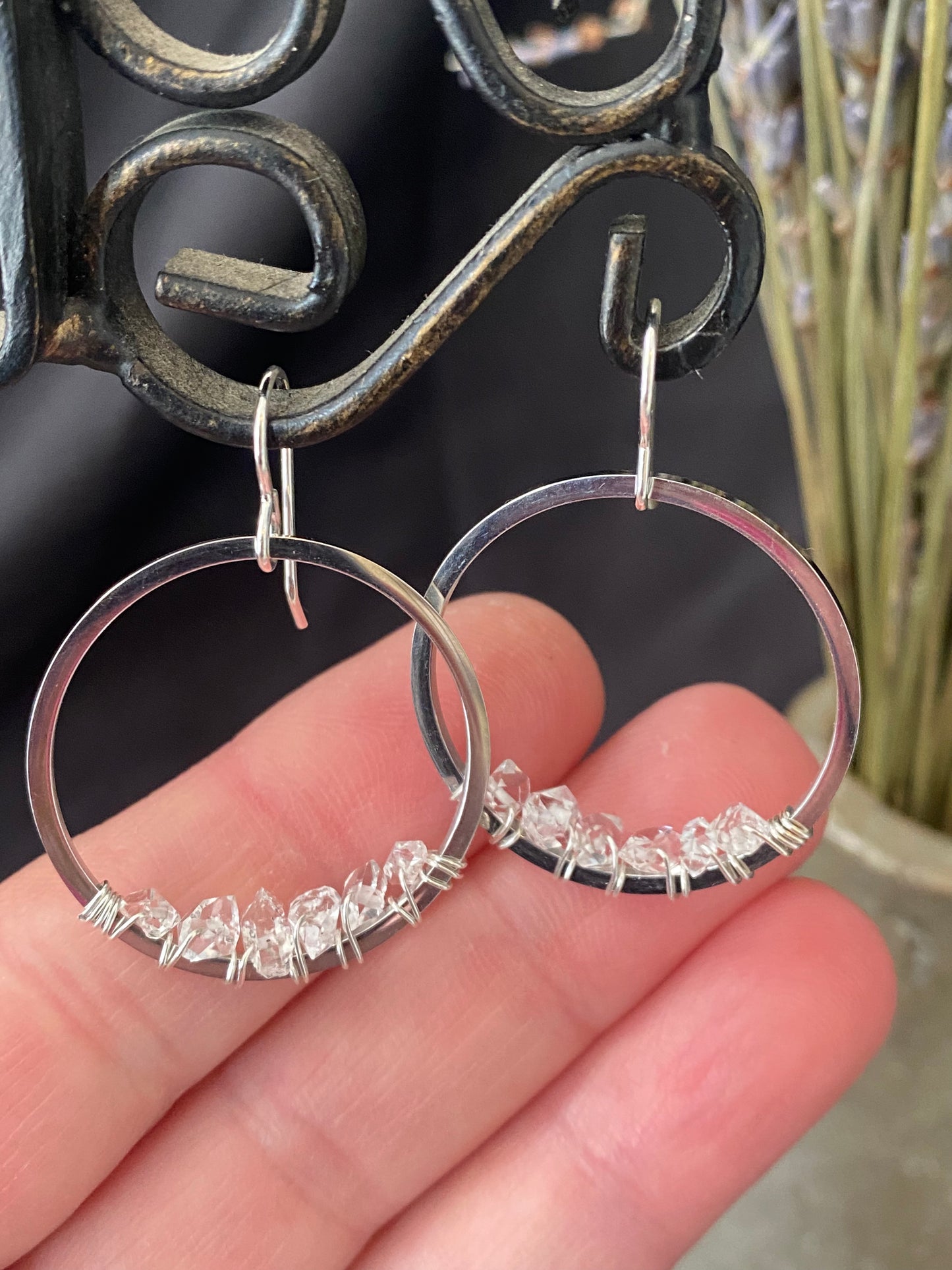 Herkimer diamonds, silver metal wire wrapped hoops, earrings