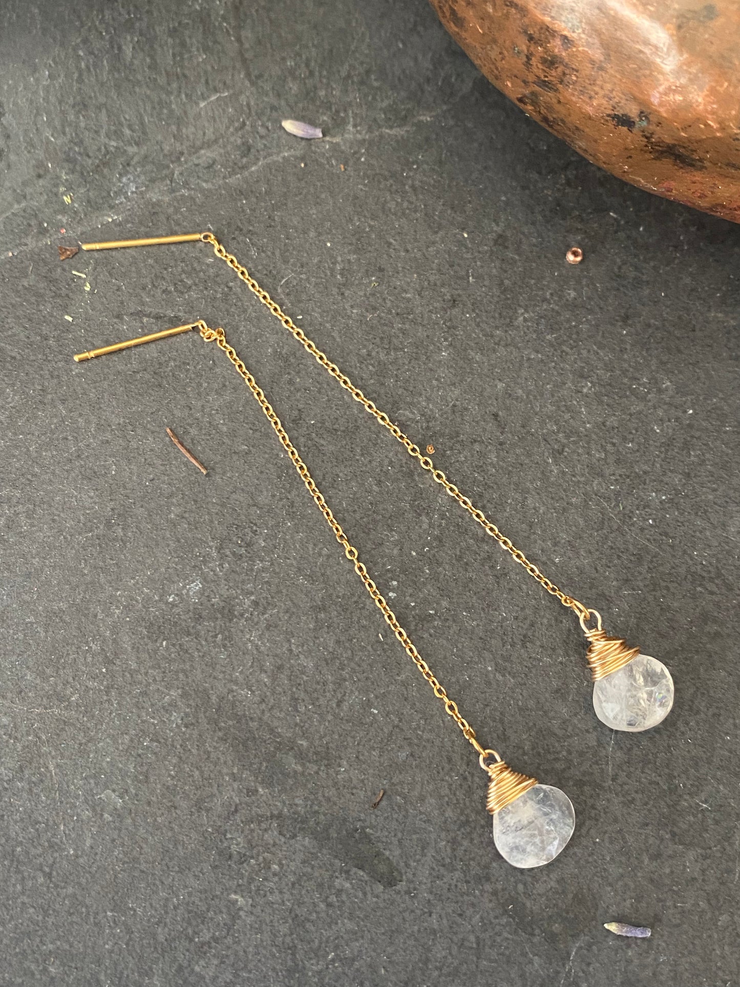 18k Gold Plated Stainless Steel, threaders, moonstone, earrings