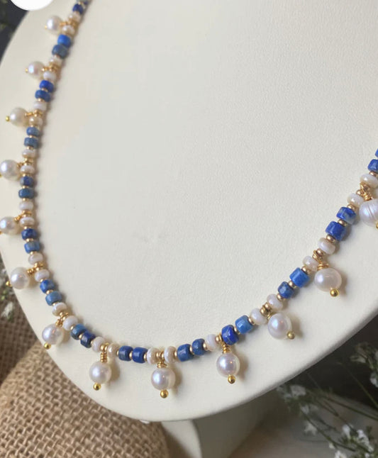 Lapis lazuli stone, freshwater pearls, necklace, kit