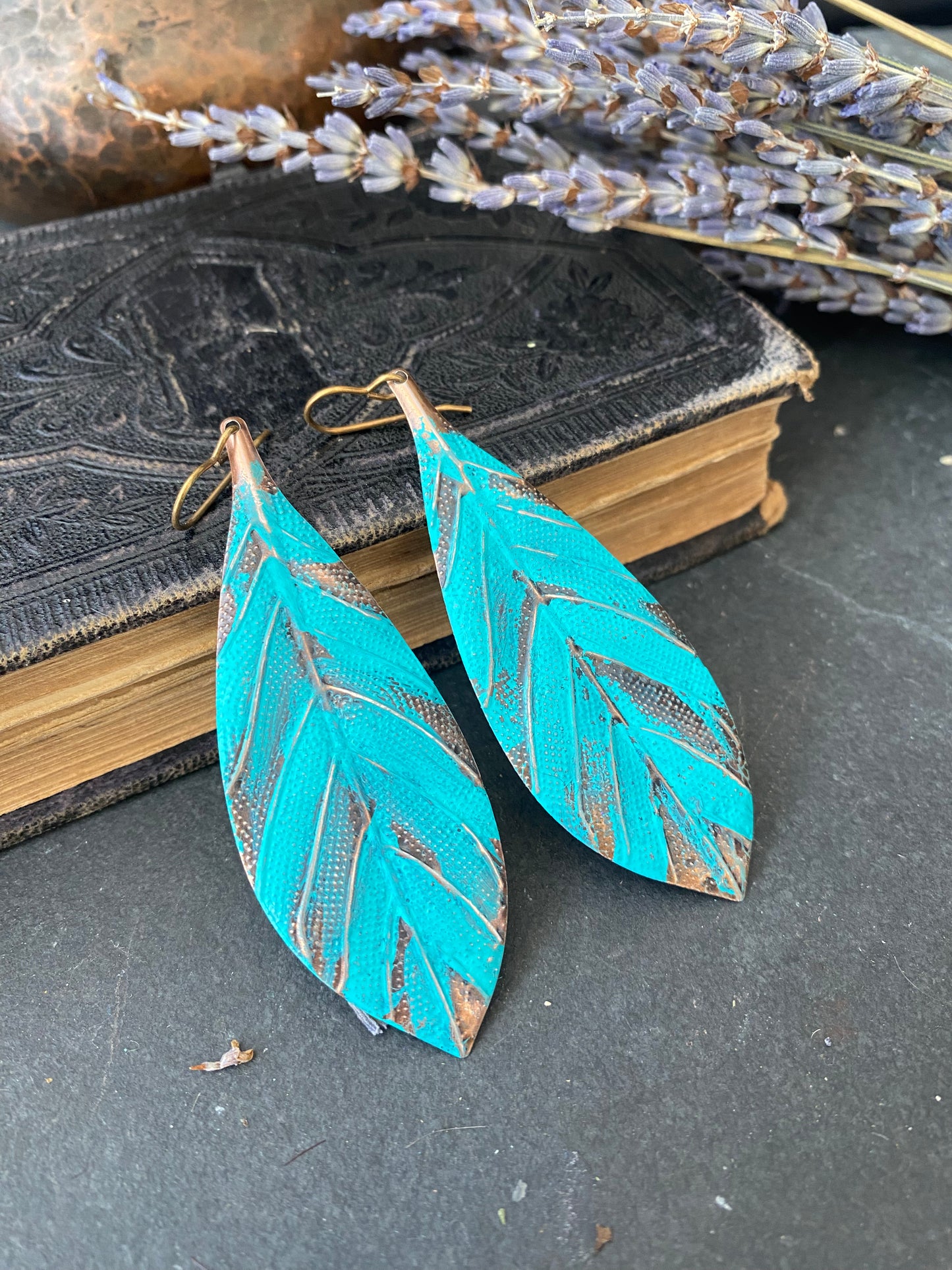 Turquoise and Copper leaves, boho, long drop, copper earrings