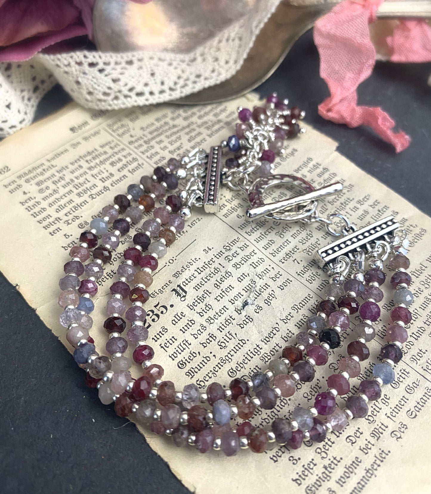 Ruby faceted stone, multi strand, silver bracelet, jewelry