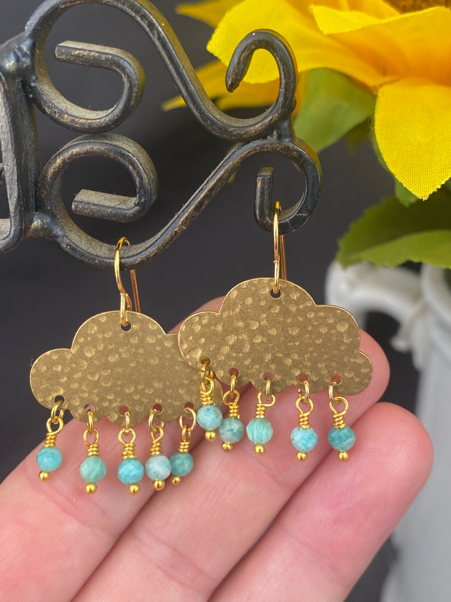 Cloud charm, Amazonite stone and gold metal, earrings