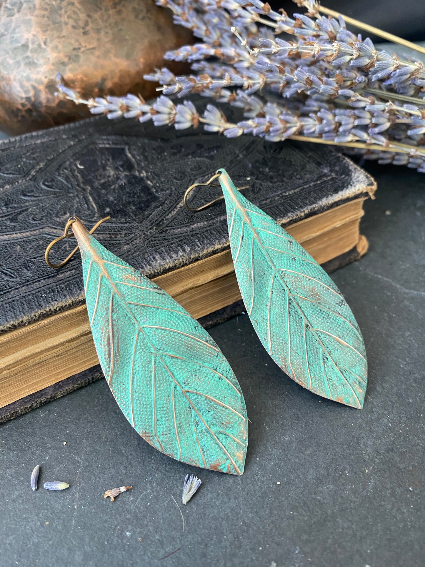 Green and Bronze leaves, boho, long drop, bronze earrings
