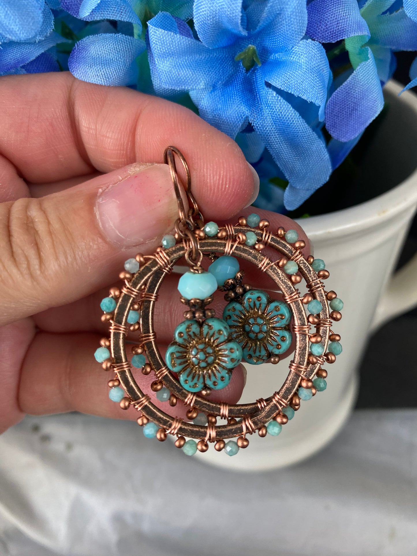 Amazonite stone, turquoise Czech glass flowers, copper metal hoops, wire wrapped, earrings