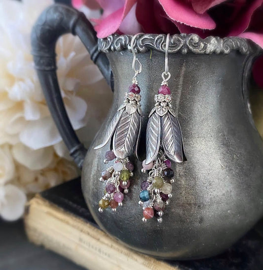 Watermelon tourmaline stone, flower bead cap, silver metal, earrings