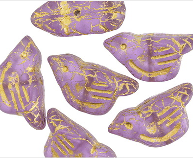 Purple and gold wash Czech Glass Bird Beads 11x22mm
