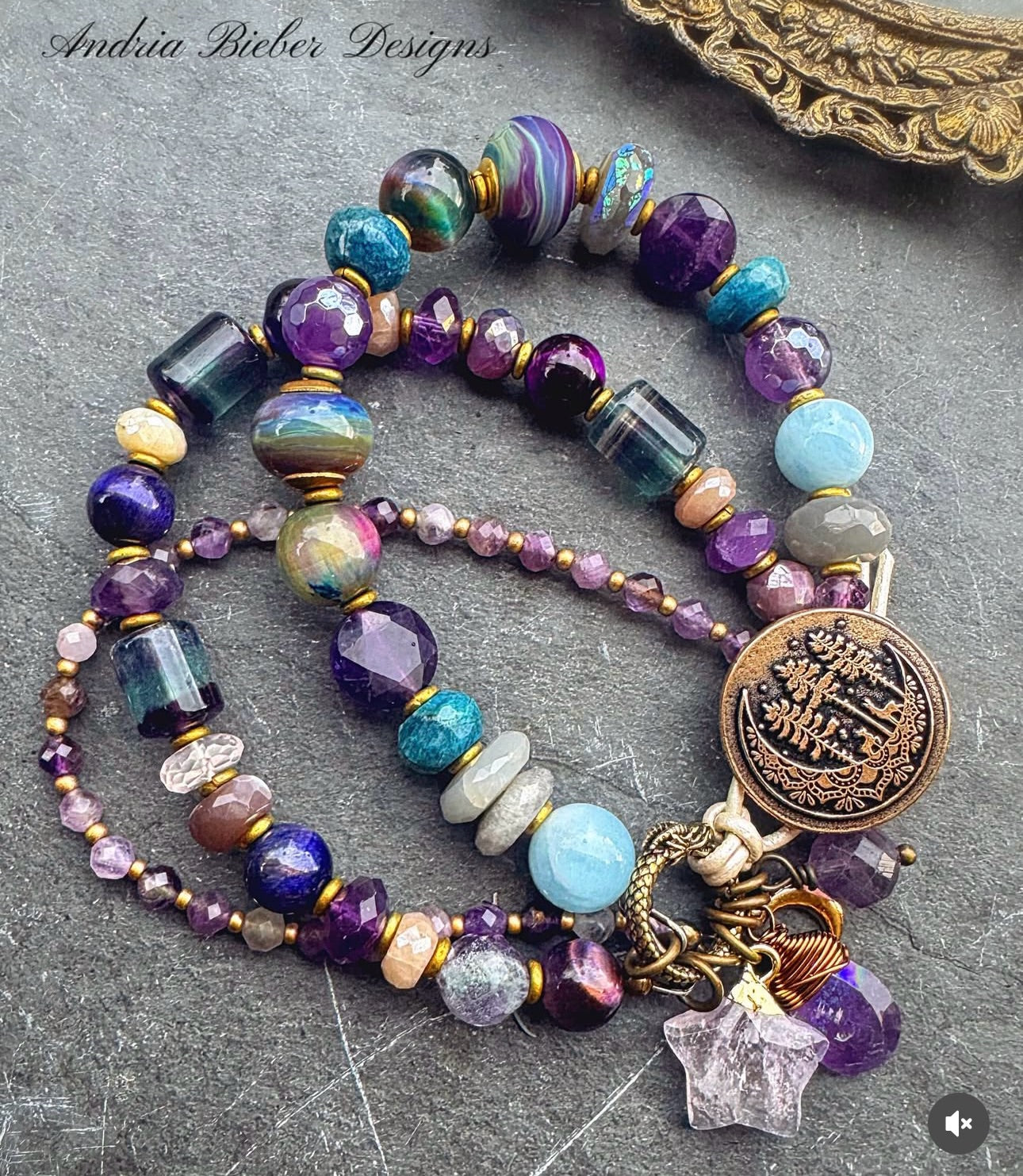 handmade lampwork glass, labradorite, fluorite, tigers eye, amethyst, aquamarine, moonstone, apatite, and  handmade button clasp.