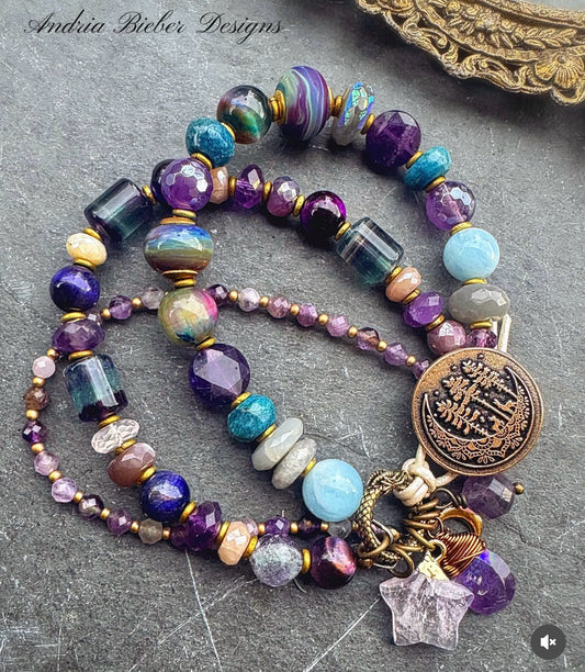 handmade lampwork glass, AB coated labradorite, fluorite, rainbow tigers eye, amethyst, aquamarine, purple tiger eye, moonstone, apatite, and beautiful handmade button clasp. MTO