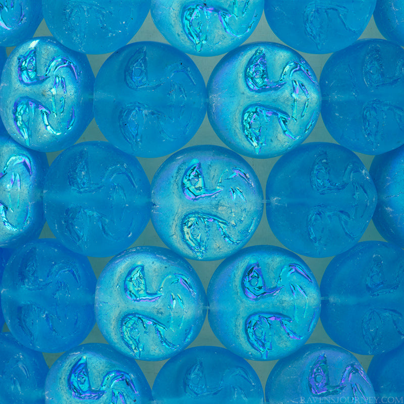 Czech glass, Moon Face (13mm) Vibrant Aqua Blue Transparent Matte with Aurora Borealis Half Coat Finish