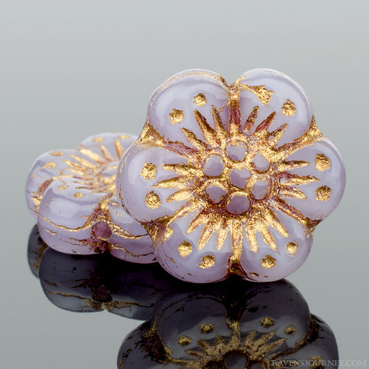 Premium Czech glass, Wild Rose (14mm) Lilac Purple Opaline with Dark Bronze Wash