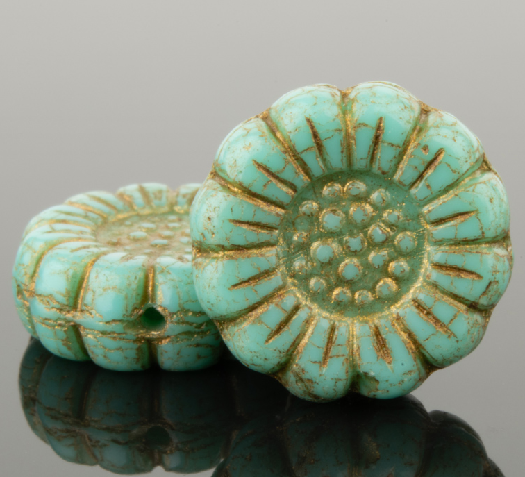 Sunflower (13mm) Turquoise Opaque with Dark Bronze Wash