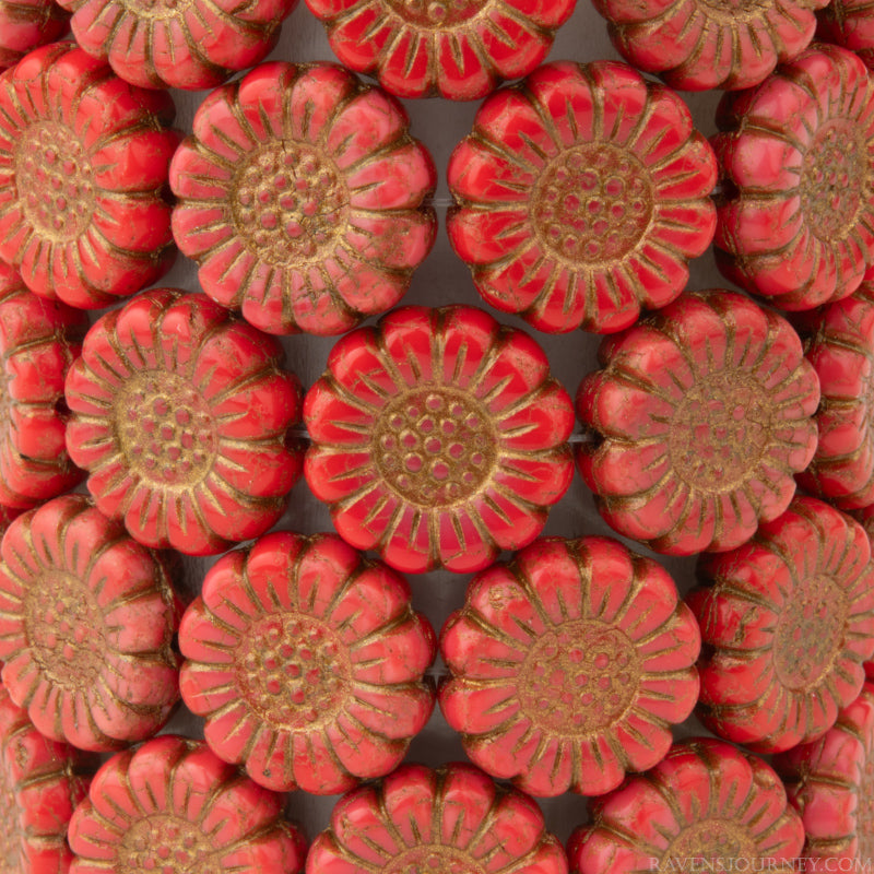 Sunflower (13mm) Red Coral Opaque with Dark Bronze Wash
