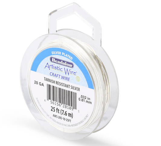 Artistic Wire, 20 Gauge / .81 mm Silver Plated Tarnish Resistant Colored Copper Craft Wire, Tarnish Resistant Silver, 25 ft / 7.6 m