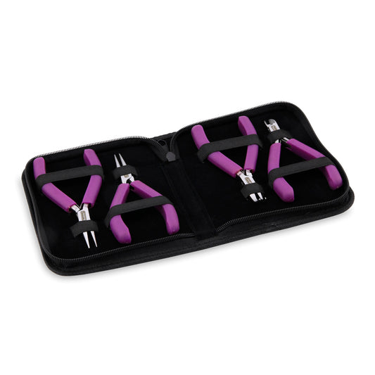 Glimmer Pliers Kit. 4 piece tool kit with zipper pouch and lavender glitter handles.