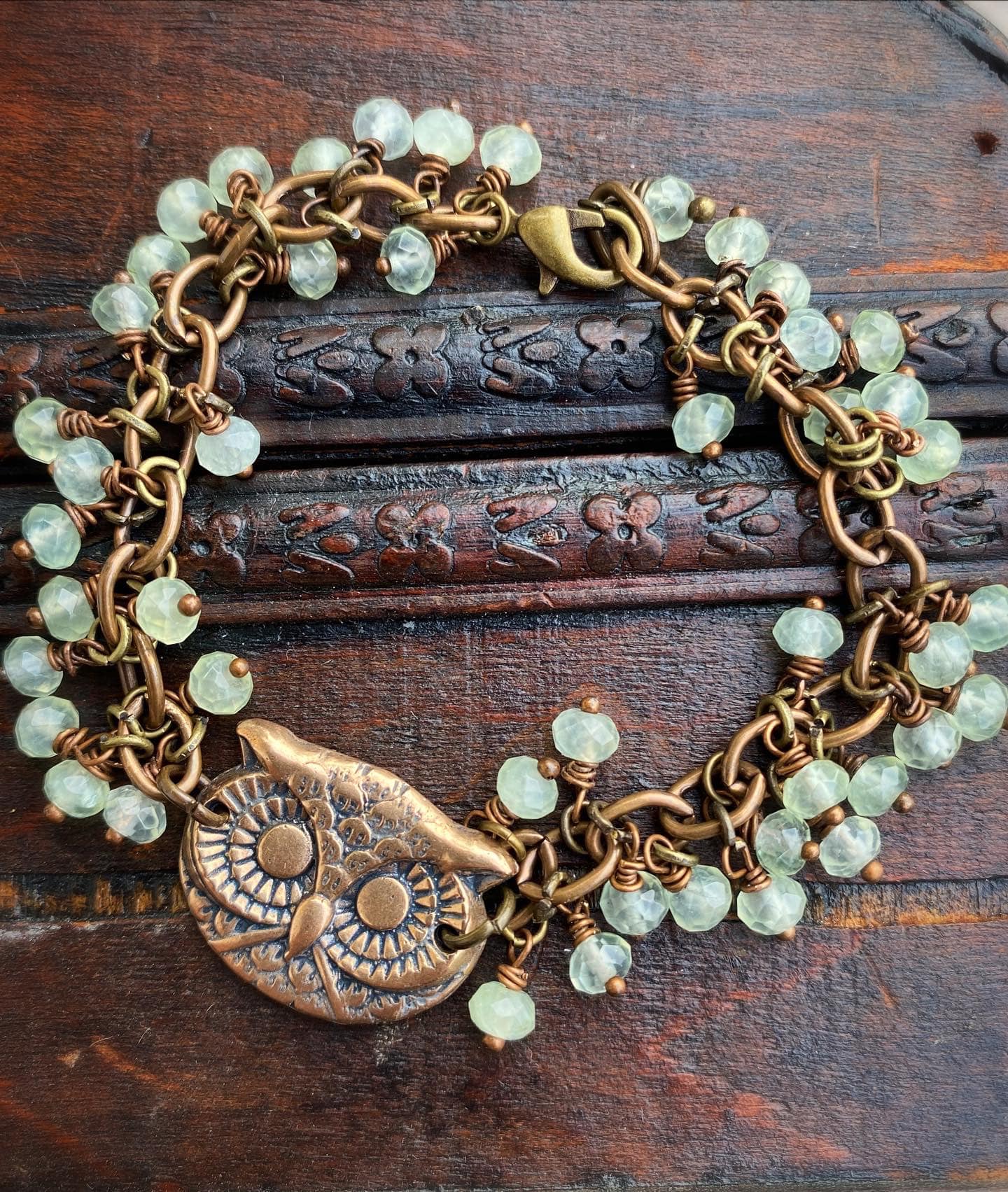 Prehnite gemstone, handmade bracelet, bronze metal, jewelry - Andria Bieber Designs 