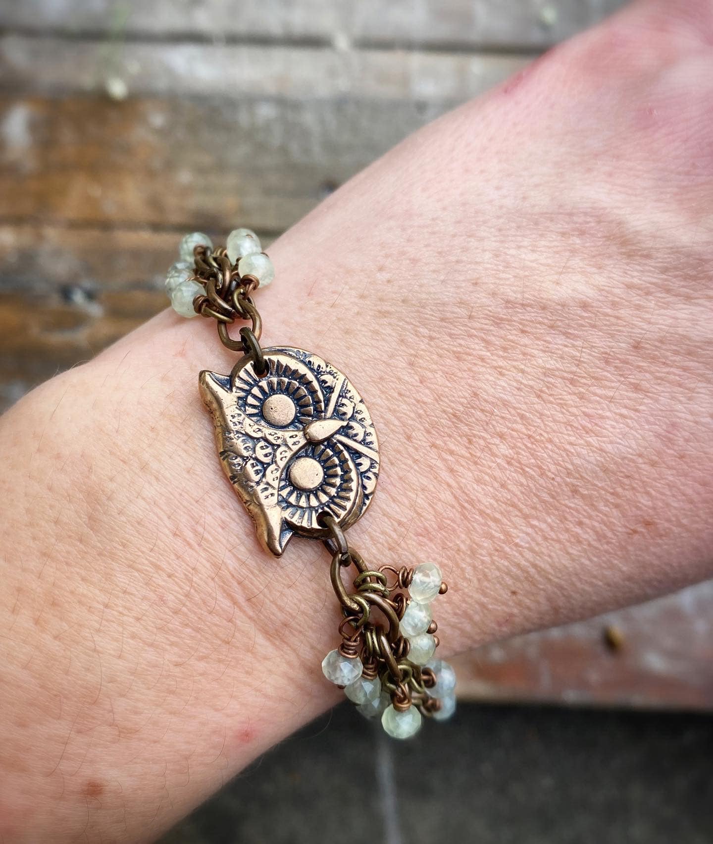 Prehnite gemstone, handmade bracelet, bronze metal, jewelry - Andria Bieber Designs 